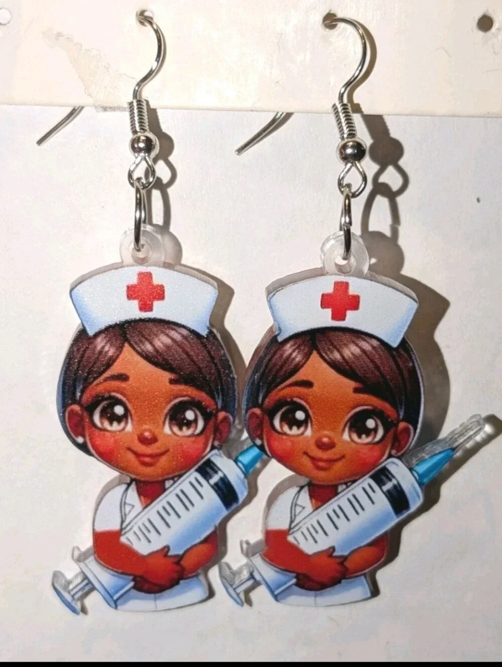 Hand Crafted Cute Nurse Acrylic Dangle Earrings - Brown Skin, White & Red